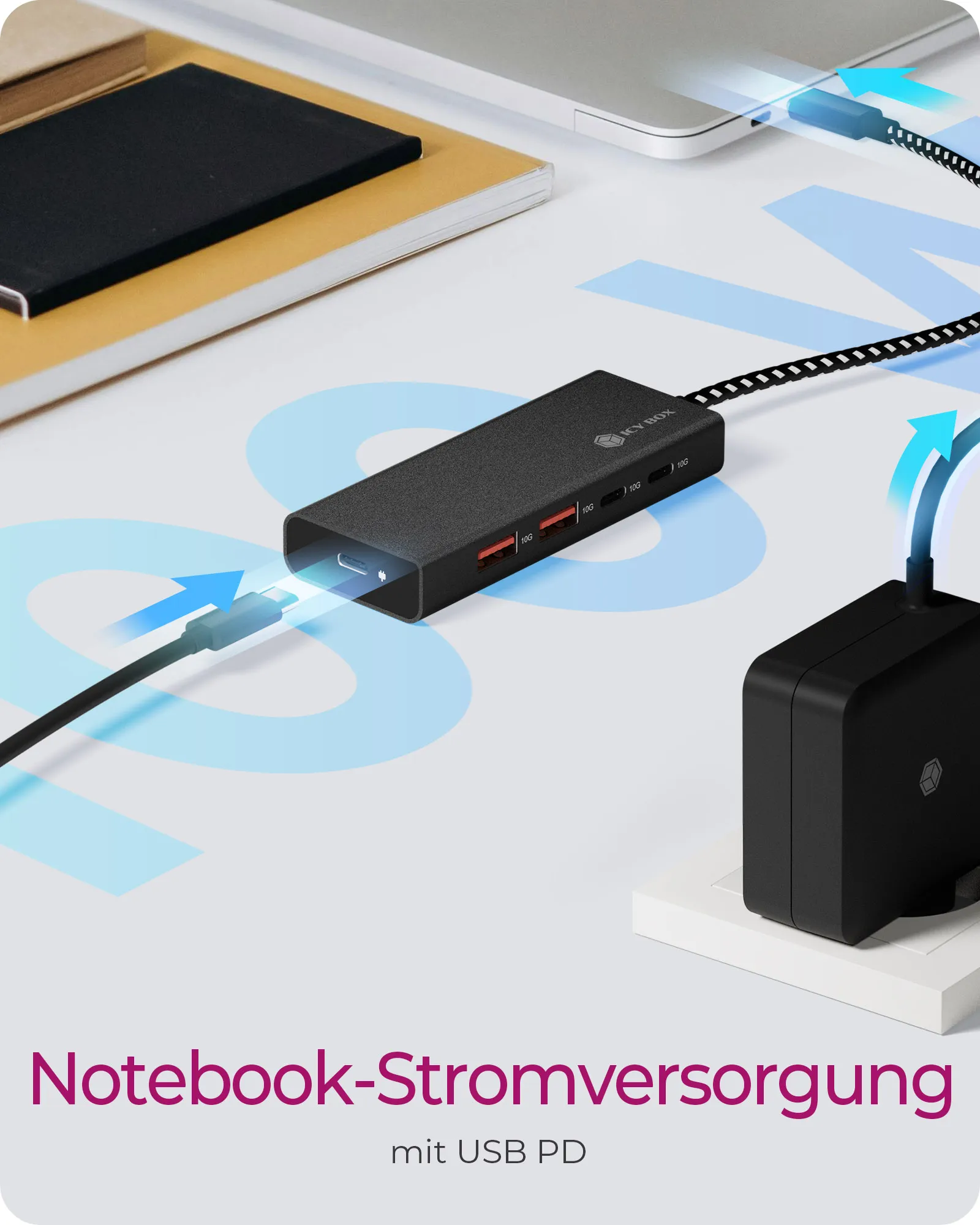 ICY BOX IB-HUB1436-CPD, USB 3.2 Gen 2 Hub, 1x Type-C® zu 2x Type-C® und 2x Type-A USB Anschlüssen 10 Gbit/S und Power Delivery bis zu 100 W, schwarz – Bild 5