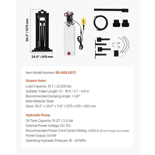 VEVOR Hydraulisches Kipplift Kit 10 t Kippanhänger Hydraulisches Scherenhebe-Kit Standard-Kit, Kippbett-Kit mit 12-V-Hydraulikpumpeneinheit geeignet für Kippanhänger mit Scherenhebebühne – Bild 6