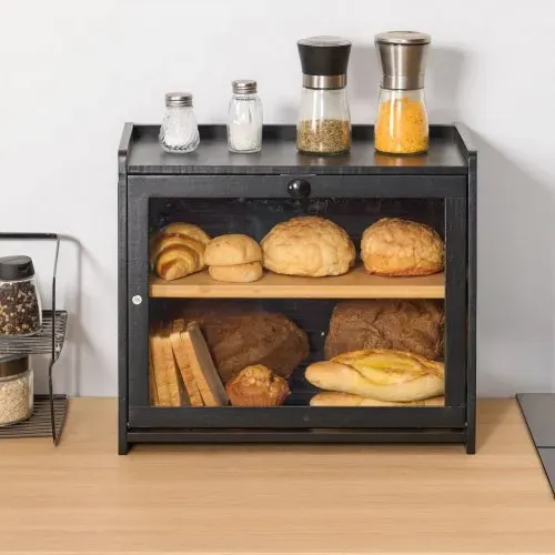 VEVOR Doppellagiger Brotkasten für Küchentheke Brotbehälter Brotbox Organizer aus Holz für selbstgebackenes Brot, Aufbewahrungsbehälter mit gewellter Acryl-Türplatte, Brotaufbewahrung Schwarz – Bild 7