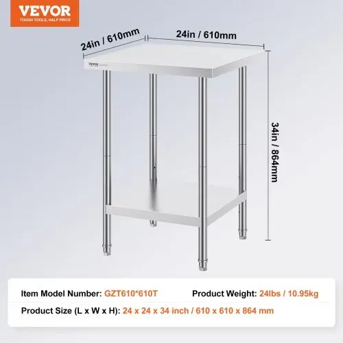 VEVOR Zubereitungstisch aus Edelstahl, Robuster Arbeitstisch aus Metall mit 3 einstellbaren Höhenstufen, gewerbliche Arbeitsstation für Küche, Garage, Restaurant, Hinterhof 610 x 610 x 864 mm – Bild 6