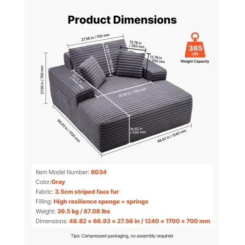 VEVOR Chaiselongue Relaxliege 124 cm, gepolstertes Schlafsofa mit Dekokissen & Armlehnen, Schlafcouch mit tiefer Sitzfläche für Wohnzimmer Schlafzimmer, Loungesessel aus hochelastischem Schwamm – Bild 6