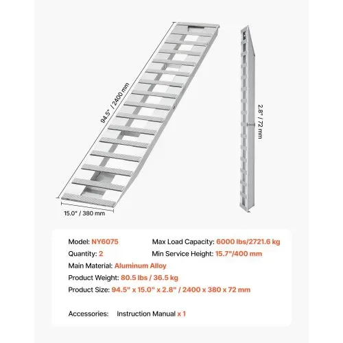 VEVOR Auffahrrampen Anhängerrampen 2 Stk. 240 x 38 cm Laderampen aus Aluminiumlegierung, 2721,6 kg Gesamtkapazität, für Karren Ackerschlepper Geländefahrzeuge Rasenmäher Motorräder Silber – Bild 6