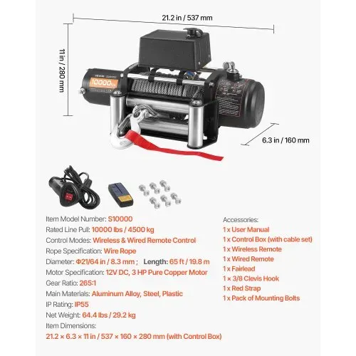 VEVOR Elektrische Seilwinde, 4500 kg, 12 V DC LKW-Winde mit Φ 8,3 mm x 19,8 m Stahlseil, kabellose & kabelgebundene Fernbedienung, IP55 zum Abschleppen von SUV, Jeep, Anhänger, Boot, Geländewagen – Bild 6