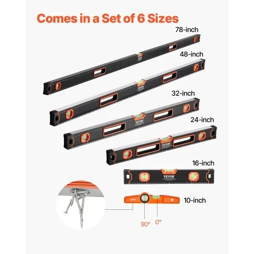 VEVOR 6-teiliges Wasserwaagen-Set, 200/120/80/60/40/25 cm Kastenwasserwaagen-Set, Libellen-Lineal für 45/90/180 Grad, Messwerkzeug aus Aluminiumlegierung, (nur 25 cm hat Magnet) – Bild 2