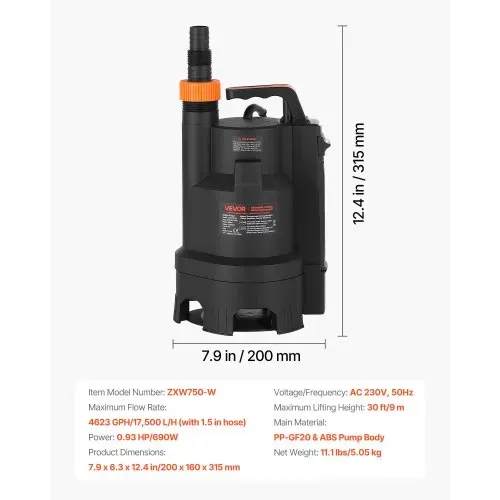 VEVOR 690W Tauchpumpe, 17500L/h, PP-GF20 Schmutzwasserpumpe für Abwasser, Schmutzwasser & sauberes Wasser mit automatischem Schwimmerschalter, 9m Förderhöhe, für Pools Teiche überflutete Bereiche – Bild 6
