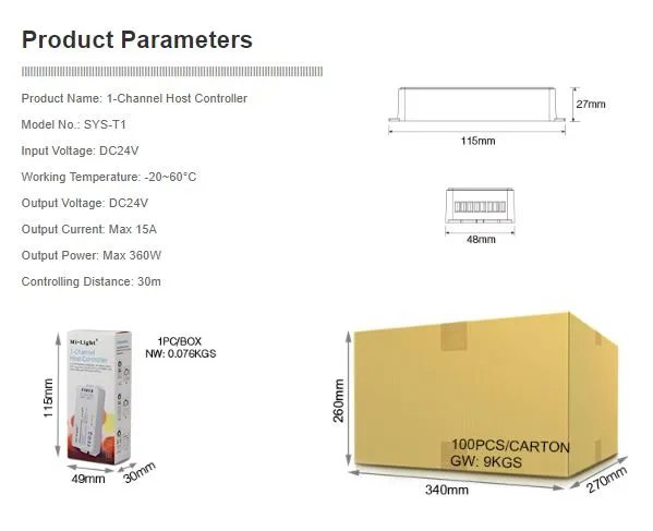 MiBoxer SYS-T1 LED Subordinate Controller 1-Channel Host MiBoxer SYS-T1 LED Subordinate Controller 1-Channel Host