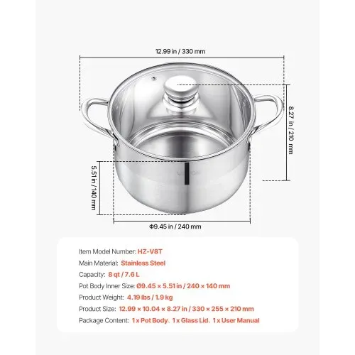 VEVOR Edelstahl Kochtopf 7,6 L Suppentopf mit Glasdeckel Induktionsgeeignet Hochwertiger Nudeltopf PFOA-frei PFAS-frei für Gasherd Elektrokochfeld Ideal für Eintöpfe Pasta Suppen – Bild 6