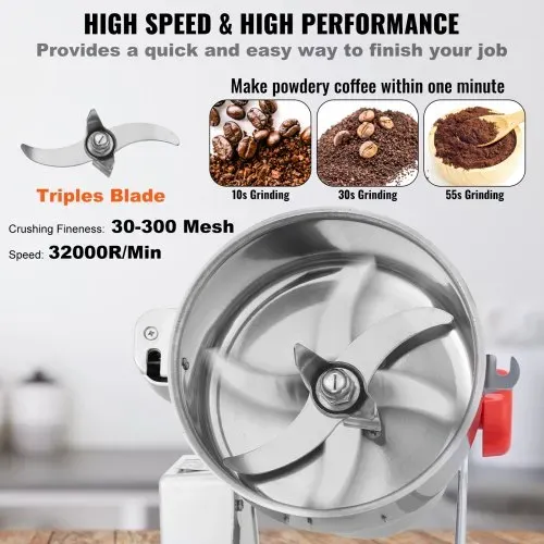 VEVOR elektrische Getreidemühle Hochgeschwindigkeits-Maismühle 2500 g 3400 W, Pulverisiermaschine aus Edelstahl, für trockene Körner Gewürze Müsli Kaffee Mais Pfeffer Schwenktyp 24 x 23 x 39 cm – Bild 3