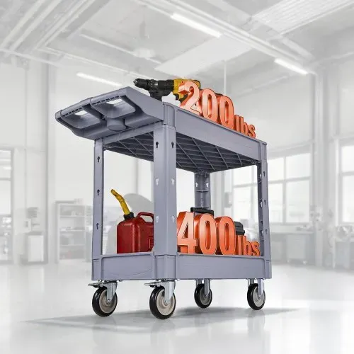 VEVOR Servicewagen Werkstattwagen Rollwagen aus PP 1010x440x845mm Grau, Werkzeugwagen mit 250 kg Tragkraft, Inkl. 2 Ebene 4 Rollen & Griff mit Ablagefach, Allzweckwagen für Garage Lager Werkstatt – Bild 7