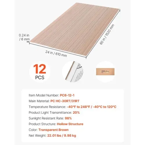 VEVOR 12x Doppelstegplatten 6mm, 152x61cm Hohlkammerplatten Zuschneidbar, Polycarbonatplatten UV-beständig, Gewächshausplatten Wetterfest, Ersatzplatten für Gewächshäuser Frühbeete Carports & Dachbau – Bild 6