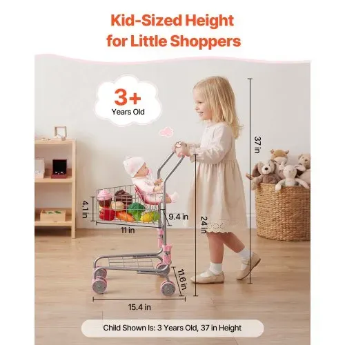 VEVOR Einkaufswagen für Kinder, Einkaufswagen Supermarkt Spielzeug mit Klappsitz für Puppen Stahlrahmen & Rollen, Faltbares Kaufladenzubehör mit Puppen-Spielset, Kaufmannsladen Spiele für Kinder ab 3 – Bild 4