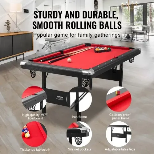 VEVOR Billardtisch, 1,9 m Billardtisch, Tragbarer & Klappbarer Tisch, Billardtisch-Set inkl. Bällen, Queues, Kreide, Schwarz mit Rotem Tuch, Perfekt für Familienspielzimmer, Kinder und Erwachsene – Bild 2
