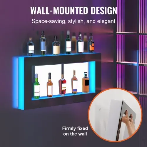 VEVOR Barregal Weinregal, LED-beleuchtetes Hausbarregal mit RF-Fernbedienung und App-Steuerung, 2 stufiges Getränkebeleuchtungsregal aus Acryl, 1210 x 600 x 114 mm Weinflaschenständer, quadratisch – Bild 2