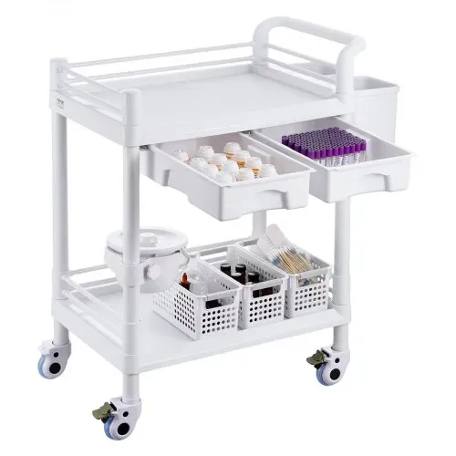 VEVOR Laborwagen mit 2 Ebenen, Laborwagen mit 2 Ablagen, 2 Schubladen und 4 leisen Rädern, mobiler medizinischer Wagen aus PP-Material, Laborrollwagen mit 3 Mülleimern für Labor, Klinik, Krankenhaus, Salon, weiß – Bild 10