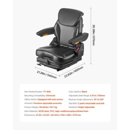 VEVOR Universal-Gabelstaplersitz 540x600x670 mm, gefederter Traktorsitz, Schleppersitz, Treckersitz, Staplersitz, sicherer herunterklappbarer Sitz, Rasenmähersitz für Kompaktlader, Bulldozer – Bild 6