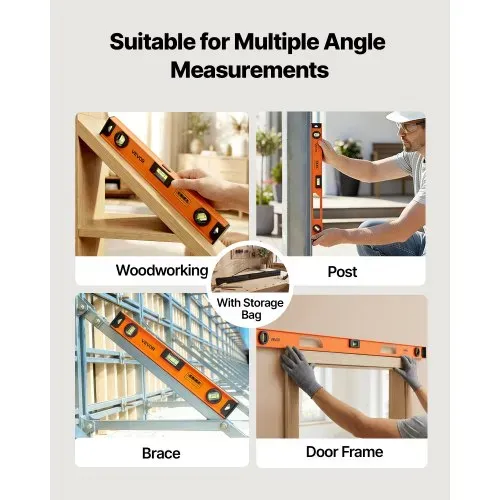 VEVOR 4 tlg. Wasserwaage Set, 40/60/90/120cm Richtwaage mit 3 Libellen 90°/45°/0° & 0,5mm/m Genauigkeit, Maurerwaage Meganetisch mit Aufhängeloch, Stoßfestes Messwerkzeug für Baustelle Hausrenovierung – Bild 5