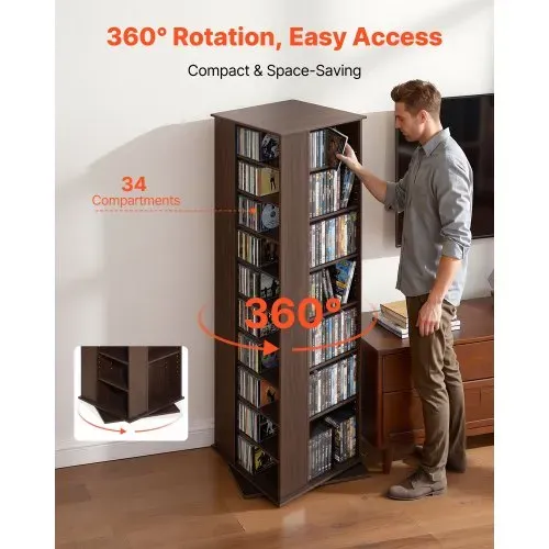 VEVOR Medienregal 475x475x1636 mm, CD-Turm, Drehbares Bücherregal mit 34 Fächern für CDs, DVDs, Bücher & Spiele-Discs, DVD-Ständer für Wohnzimmer, Homeoffice & Aufnahmeraum, Braun VEVOR Medienregal 475x475x1636 mm, CD-Turm, Drehbares Bücherregal mit 34 Fächern für CDs, DVDs, Bücher & Spiele-Discs, DVD-Ständer für Wohnzimmer, Homeoffice & Aufnahmeraum, Braun