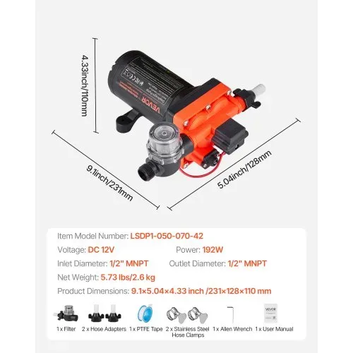 VEVOR Membranpumpe, 12 V DC, 18,9 L/min, selbstansaugende 4-Kammer-Membranwasserpumpe mit automatischem Druckschalter, 4,8 bar Druck, für Wohnmobil, Wohnwagen, Schiff, Yacht, Autowäsche – Bild 6