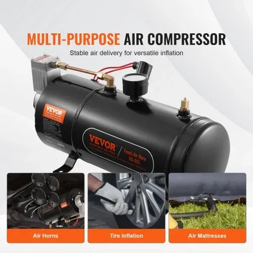 VEVOR 12-V-Luftkompressor-Set mit Tank 3 L, Zughorn-Luftkompressor-Satz, 90-120 psi Arbeitsdruck, Integriertes Luftkompressorsystem für Zug-Lufthupen, Aufpumpen von Reifen, LKWs, SUVs usw. Schwarz – Bild 3