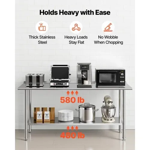 VEVOR Edelstahltisch Gastro 1829 x 610 x 894 mm, Verstellbarer Edelstahltisch mit Aufkantung, Arbeitstisch mit Grundboden für Restaurant Schwerlast Obere Ablage (263 kg) Untere Ablage (218 kg) – Bild 3