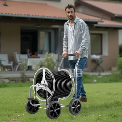 VEVOR Schlauchtrommelwagen, fasst bis zu 76 m x 1,5 cm Schlauch, Garten-Wasserschlauchwagen, mobile Werkzeuge mit 4 Rädern Stahl zum Pflanzen im Freien mit Aufbewahrungskorb, für Garten, Hof, Rasen – Bild 7