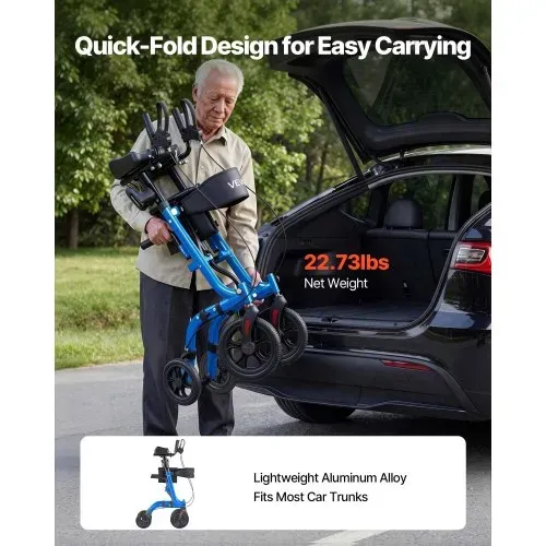 VEVOR Rollator Faltbar mit Sitz, Leichtgewicht Gehwagen mit 4 PU Reifen, Gehhilfe bis 136 kg mit Rückenlehne Tasche Gehstockhalter, Höheverstellbare Laufhilfe mit Feststellfunktion für Senioren, Blau – Bild 3