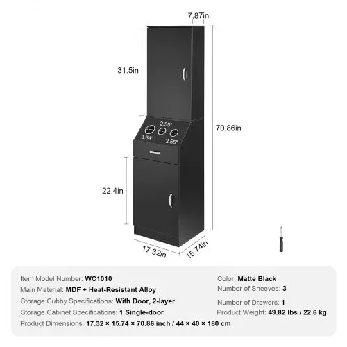 VEVOR Salon-Aufbewahrungsschrank, Friseursalon-Station für Friseure, Friseurstation-Set, mit 3 Haartrocknerhaltern, Schränken und einer Schublade, schwarz, 44 x 40 x 180 cm – Bild 6