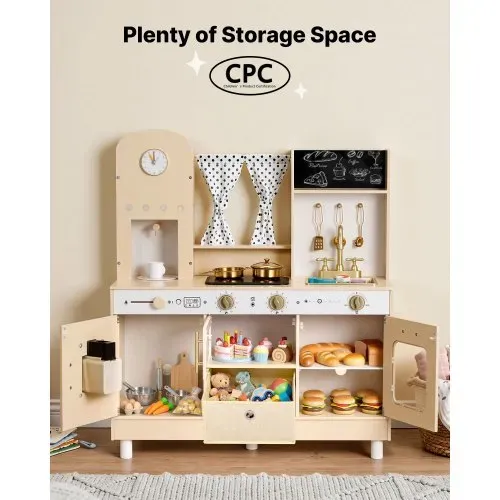 VEVOR Spielküche für Kinder, Moderne Kinderküche mit Licht & Sound, Holzküche mit Herd Backofen Spüle Mikrowelle Eisspender & Getränkespender, Küchenspielzeug mit Kochset für Kinder ab 3 Jahren, Beige – Bild 5