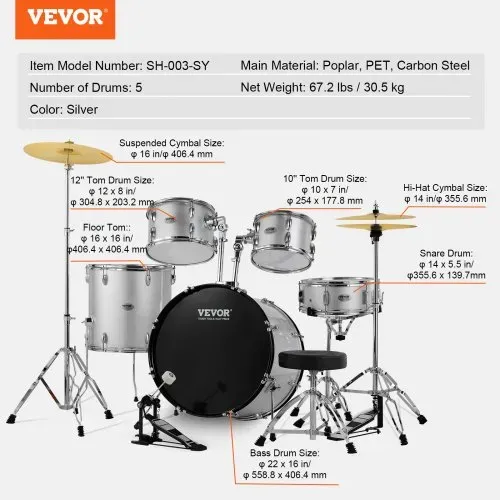 VEVOR Schlagzeug, 5-teilig, Drum in voller Größe mit Bass-/Tom-Drums, Snare, Standtrommel, verstellbaren Thronständern, Becken, Hi-Hat-Pedal und Drumsticks, Anfänger-Schlagzeug, Silber – Bild 6