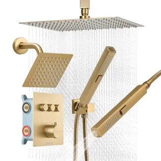 VEVOR Duschsystem-Set mit 12 Zoll Regenduschsystem / 6 Zoll Wandmontagekopf / 2 in 1 Handbrause, drehbarer Doppelregenkopf (3 Funktionen), Messingventil und Verkleidungssatz, gebürstetem Gold VEVOR Duschsystem-Set mit 12 Zoll Regenduschsystem / 6 Zoll Wandmontagekopf / 2 in 1 Handbrause, drehbarer Doppelregenkopf (3 Funktionen), Messingventil und Verkleidungssatz, gebürstetem Gold