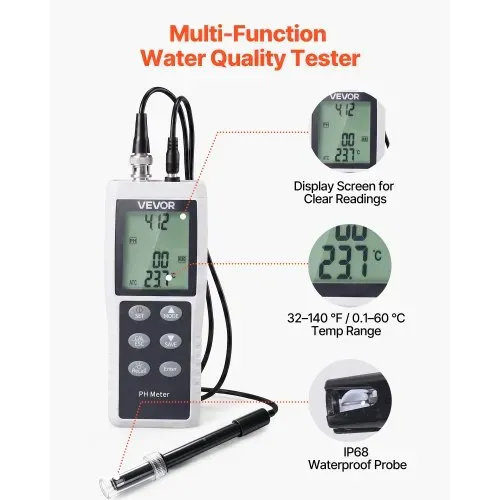 VEVOR pH-Meter, Messbereich 0–14, Wasserdichte Sonde (IP68), 3-Punkt-Automatikkalibrierung, Tragbares Tester-Set mit Kalibrierpulver, Temperatursonde & Tragetasche, für Trinkwasser & Hydrokultur – Bild 3