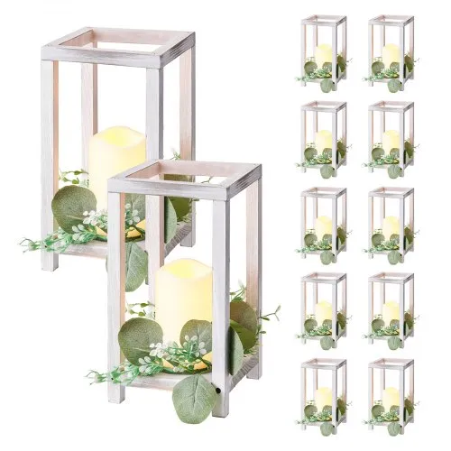 VEVOR 12er-Set, Holzlaternen, inkl. 12x Kerzenhaltern aus Holzlaternen, 12x flammenlosen LED-Kerzen, 12x Eukalyptusblätter-Kranz für Hochzeitstisch, Party, Bauernhaus-Dekoration, Weiß VEVOR 12er-Set, Holzlaternen, inkl. 12x Kerzenhaltern aus Holzlaternen, 12x flammenlosen LED-Kerzen, 12x Eukalyptusblätter-Kranz für Hochzeitstisch, Party, Bauernhaus-Dekoration, Weiß