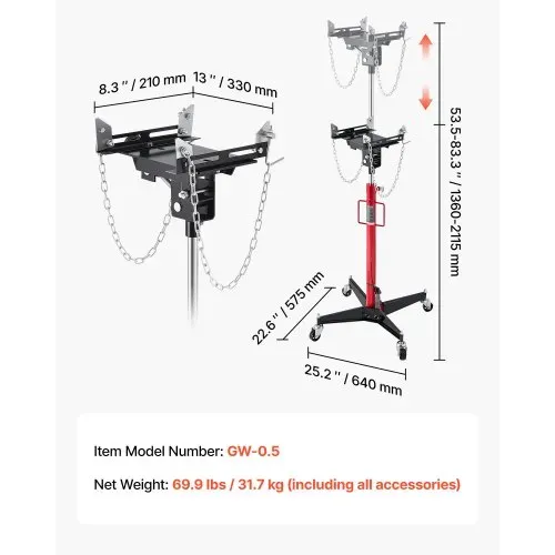 VEVOR hydraulischer Wagenheber Getriebeheber mit 500 kg Hubkapazität, Teleskop-Getriebeheber mit Pedal, 360°-Schwenkrad, 127-202 cm Hubhöhe, Hebezeug für Garage / Werkstatt Rot + Schwarz – Bild 6