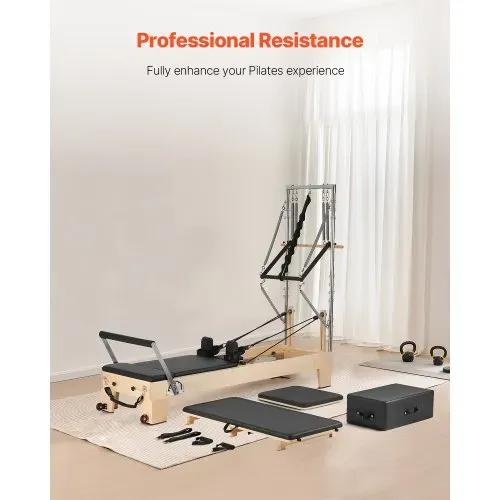 VEVOR Pilates Reformer Maschine aus Holz für Fitnessstudio zu Hause, Krafttrainingsgerät mit doppeltem Widerstand, Reformer-Box, Sprungbrett, für Fortgeschrittene und Anfänger, bis zu 181,44 kg – Bild 2