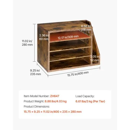VEVOR Briefablage mit 4 Fächern & Herausnehmbaren Regalböden, Dokumentenablage aus Holz mit Stehsammler, Aktenhalter für Büro Klassenzimmer, Literaturorganizer für Akten Dokumenten Papier, Braun – Bild 6