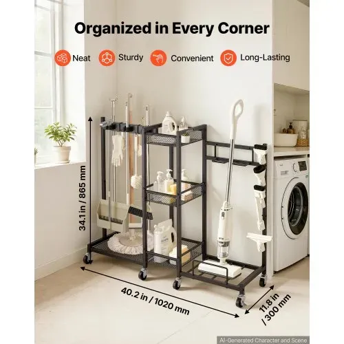 VEVOR Gartengeräte Ständer 1020x300x865mm Gerätehalter mit Rollen Schwarz, Aufbewahrungsregal für Garage Schuppen Garten, Stahlkonstruktion, 3-in-1 mit 3 Ablagefächern Staubsaugerhalter & Klemmsystem VEVOR Gartengeräte Ständer 1020x300x865mm Gerätehalter mit Rollen Schwarz, Aufbewahrungsregal für Garage Schuppen Garten, Stahlkonstruktion, 3-in-1 mit 3 Ablagefächern Staubsaugerhalter & Klemmsystem