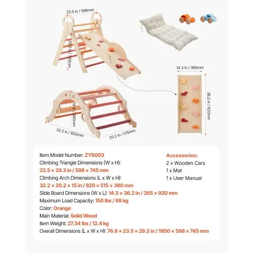 VEVOR Kletterdreieck, 9-in-1 Kletterspielzeug, mit Holzautos, Kissen, Kletterdreieck, Rutsche & Kletterbogen, bis 68 kg, Montessori Indoor Spielset für Kinder im Alter von 1 bis 3 Jahren, Orange – Bild 6