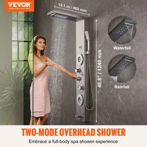 VEVOR Duschpaneelsystem, 6 Duschmodi, LED- und Display-Duschpaneelturm, Regenfall, Wasserfall, 4 Körpermassagedüsen, Wannenauslauf, Handbrause, 150 cm Schlauch, Wandmontiertes Duschset VEVOR Duschpaneelsystem, 6 Duschmodi, LED- und Display-Duschpaneelturm, Regenfall, Wasserfall, 4 Körpermassagedüsen, Wannenauslauf, Handbrause, 150 cm Schlauch, Wandmontiertes Duschset