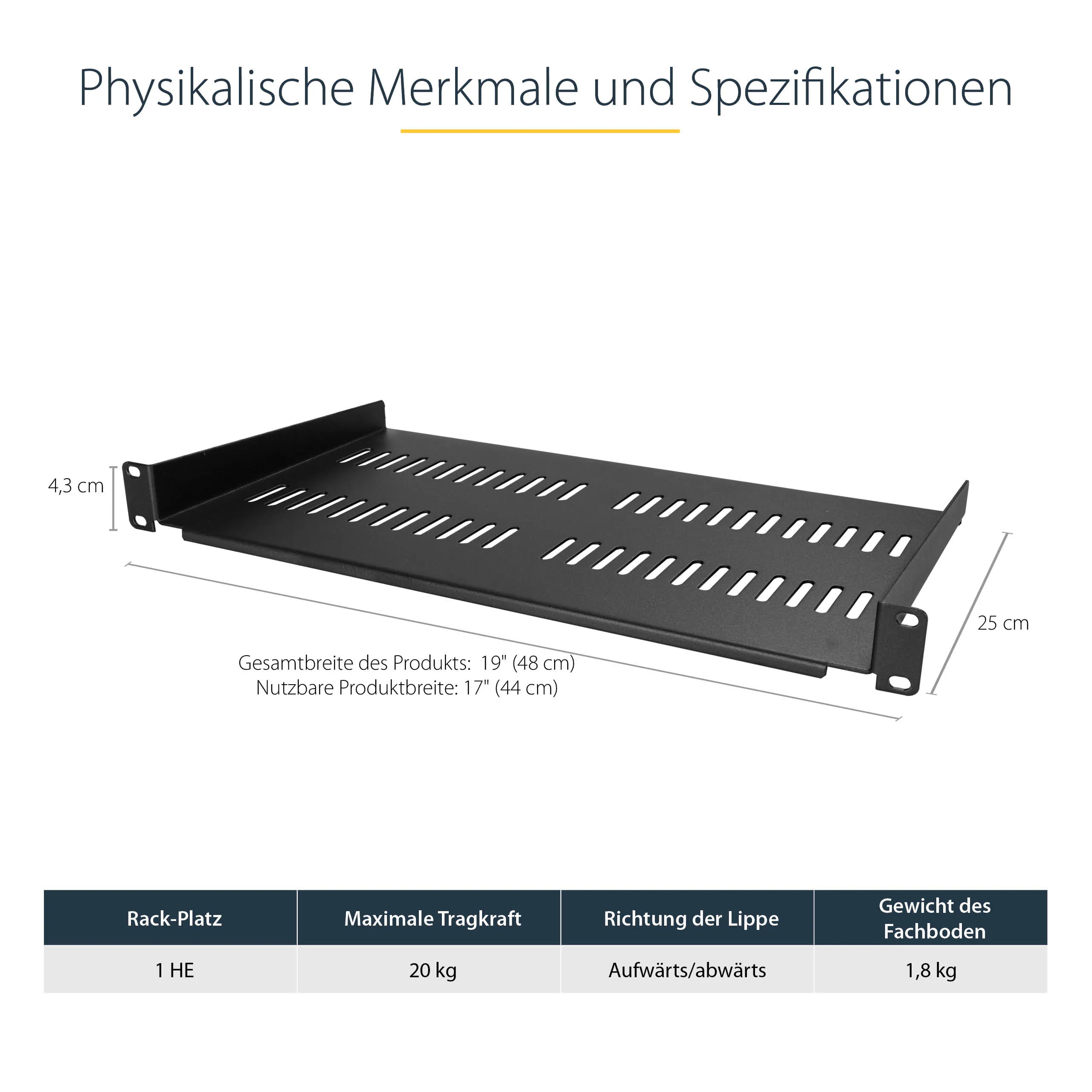 StarTech.com 1HE Regalboden für Racks - Universale Belüftete Freitragende Fachboden für 19" Netzwerkschränke und Racks, Tragkraft 20kg - Schwerlastregal aus Stahl - 10" Tief - Schwarz – Bild 4