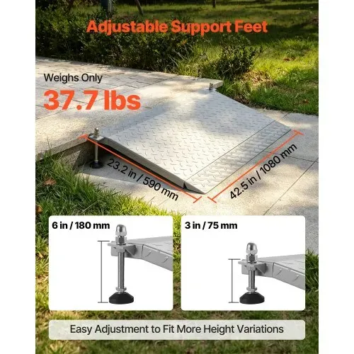 VEVOR Schwellenrampe 980x600mm, 453,6kg Belastbare Rollstuhlrampe mit Verstellbarer Höhe, Rutschfeste Metall-Auffahrschiene, Stabile Auffahrrampe für Rollstuhl Scooter Türschwelle Bordsteine Treppen – Bild 3