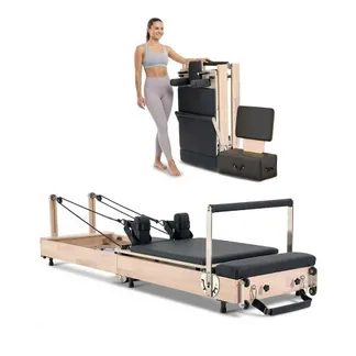 VEVOR faltbarer Pilates Reformer Trainingsgerät aus Gummibaumholz für Heim-Fitnessstudio, Pilates-Bett mit doppeltem Widerstand – Feder & Kordel, Ausrüstung mit Sitzbox, bis zu 181,44 kg VEVOR faltbarer Pilates Reformer Trainingsgerät aus Gummibaumholz für Heim-Fitnessstudio, Pilates-Bett mit doppeltem Widerstand – Feder & Kordel, Ausrüstung mit Sitzbox, bis zu 181,44 kg