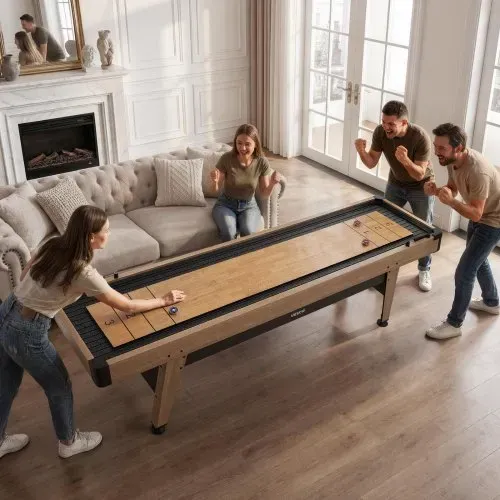 VEVOR Shuffleboard-Tisch 2,7 m mit 8 Pucks für das Spielzimmer zu Hause, Kratzfeste Spielfläche für Flüssiges und Schnelles Puckspiel, Sockelbeine mit Nivellierfüßen für Stabilität, Wachs und Bürste – Bild 7