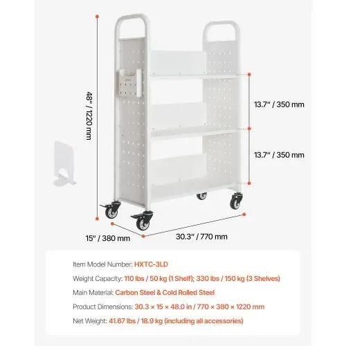 VEVOR Bücherwagen, 150 kg Tragkraft, Bibliothekswagen, 77 x 38 x 122 cm, einseitiges L-förmiges Bücherregal mit Doppelbremsrollen, Bücherregalwagen für Wohnzimmer, Büro, Schule, Weiß – Bild 6