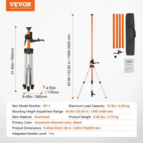 VEVOR Laser-Wasserwaagen-Stativ, 1/4"-20 & 5/8"-11 Gewindehalterung, 40,94-133,85 Zoll Höhenverstellung mit Wasserwaage und robustem Ständer, ausziehbares, leichtes Aluminium-Stativ für Laserscanner – Bild 6