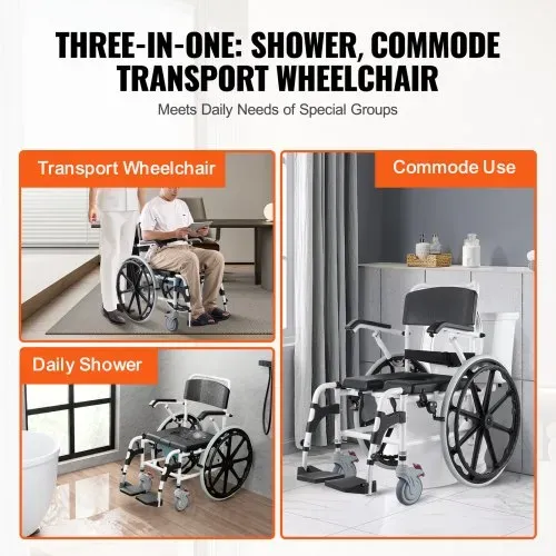 VEVOR Duschrollstuhl, 17,5 Zoll breiter Badezimmerrollstuhl aus Aluminiumlegierung für die Innendusche, verstellbarer Duschrollstuhl mit Bremse für behinderte Erwachsene, 300 lbs Tragkraft, Dusch-/Toiletten-/Transportstuhl – Bild 5