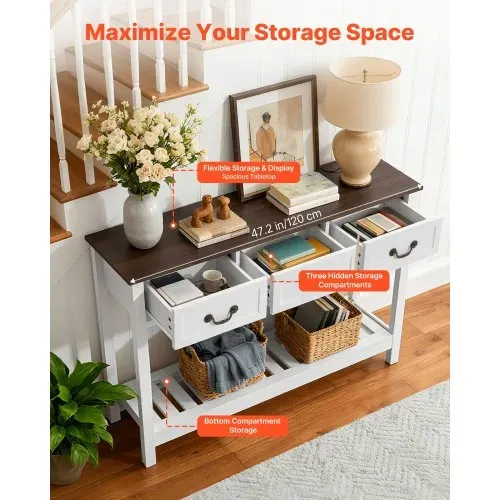 VEVOR Konsolentisch Sofatisch mit Schubladen & Ablagefach, schmaler rechteckiger Eingangstisch aus MDF + Spanplatte für Flur Schlafzimmer Wohnzimmer Foyer, Flurtisch 120 x 30 x 80 cm Braun + Weiß – Bild 3