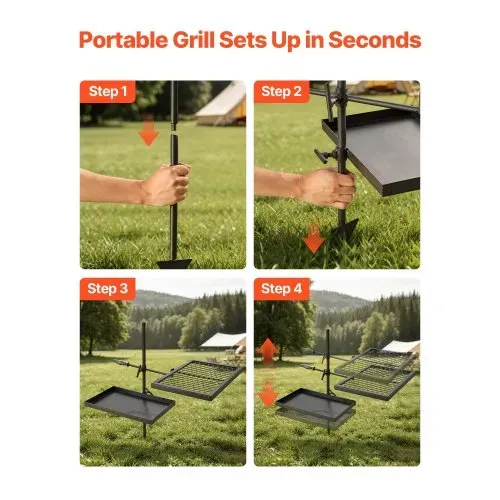 VEVOR Lagerfeuergrill Schwenkbar mit Grillrost Grillplatte Kohlenstoffstahl, 360° Höhenverstellbarer Schwenkgrill mit Grillständer, Drehbarer Outdoor-Grill für Offenes Feuer, Camping und Garten – Bild 5