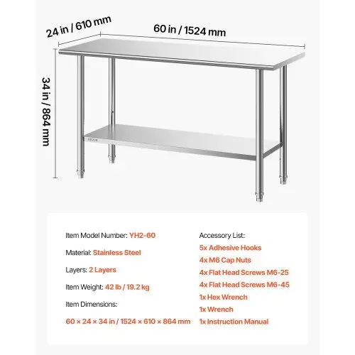 VEVOR Gasto Arbeitstisch 1524 x 610 x 864 mm Edelstahltisch mit 2 Ebenen, Küchentisch mit Höhenverstellbaren Ablagen, Tragkraft Obere Ablage (254 kg) Untere Ablage (208 kg) Vorbereitungstisch – Bild 6