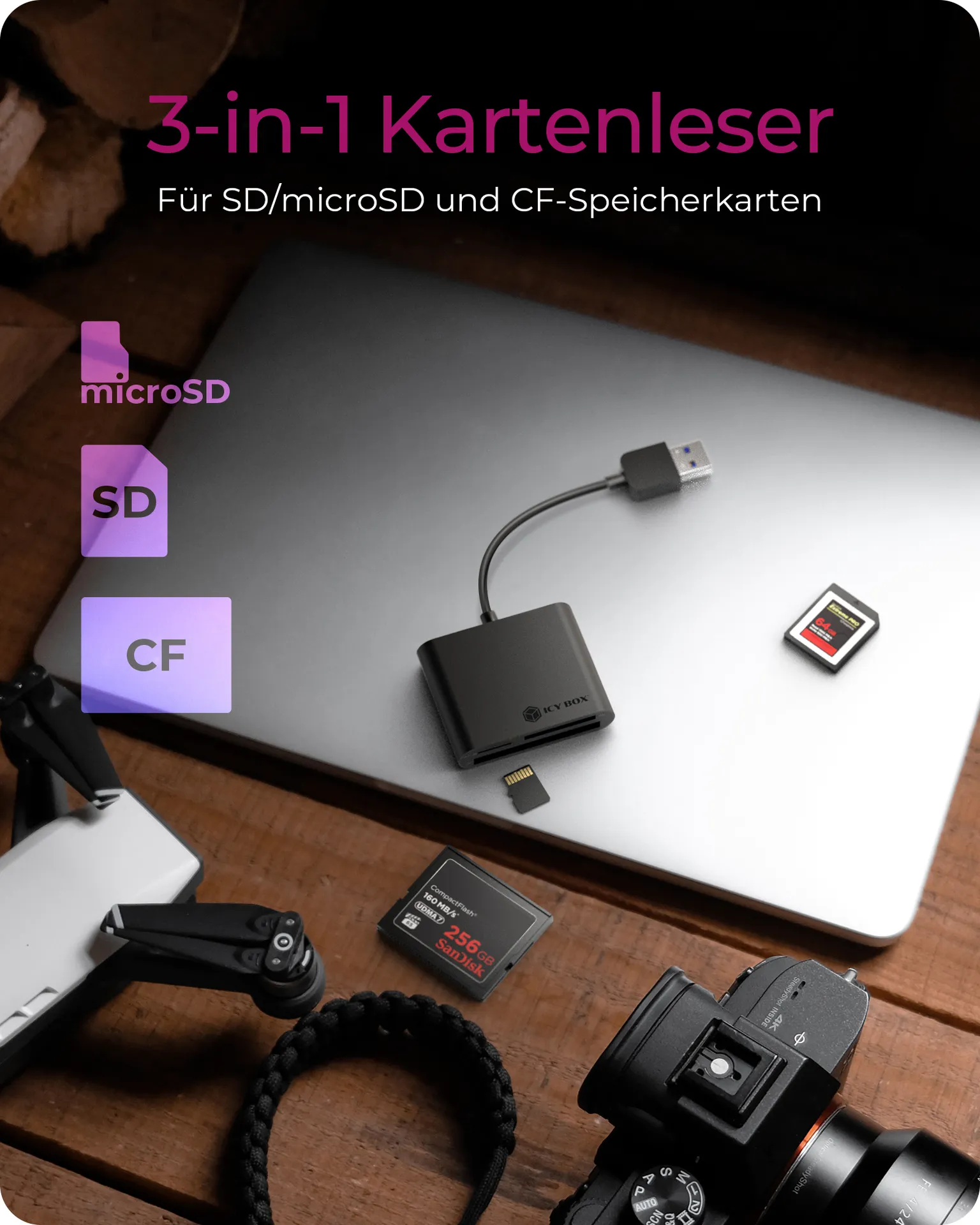 ICY BOX IB-CR301-U3 Externer Multi Card Reader (CF, SD, microSD) mit USB 3.2 Gen 1 Hostanschluss – Bild 2