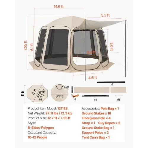 VEVOR Campingzelt, 365,76x335,28x230 cm, Pop-up-Zelt mit ausziehbarer Markise, Partyzelt für 10–12 Personen, inkl. Tragetasche & Netz-Seitenwände, für Terrasse & Outdoor-Aktivitäten, Beige – Bild 6